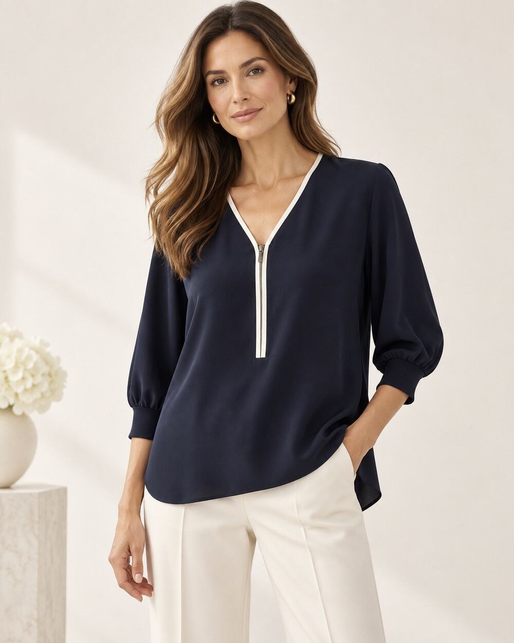 Quiet Luxury Lafayette 148 100% Silk Navy White Zip Blouse L $698 Pristine